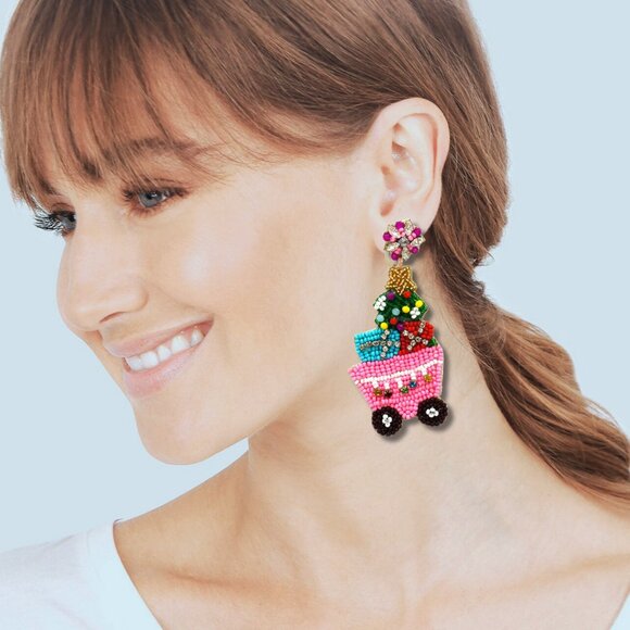 Pink Wagon Piled Presents Holiday Rhinestone Bling Seed Beaded Party Earrings - Picture 2 of 2